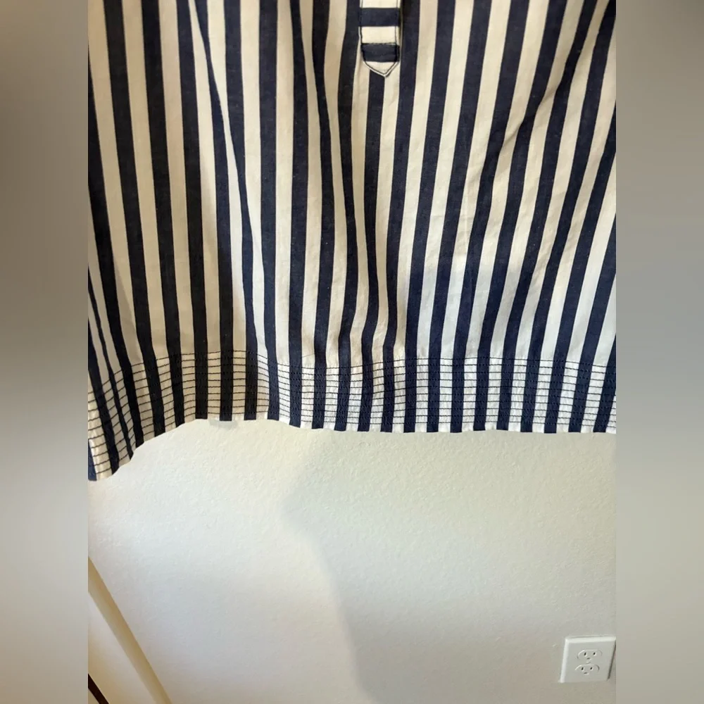 Anthropologie Blue & White Vertical Stripe V-Neck Puff Sleeve Blouse